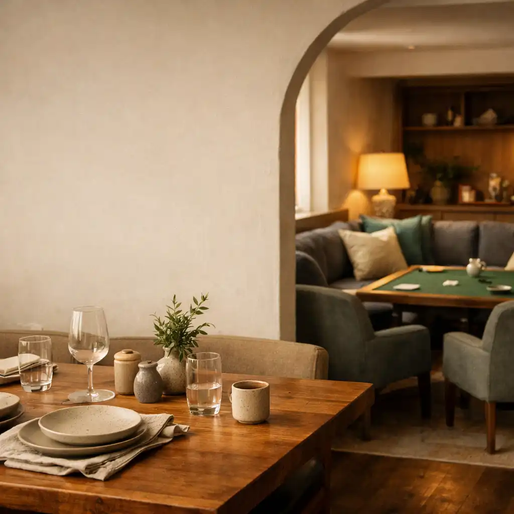 A warmly set restaurant table leading towards relaxed lounge seating at Ashen Decor