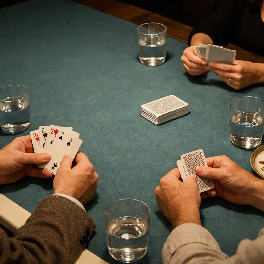 Hands holding unbranded playing cards around a felt-topped table with water glasses and a shared plate