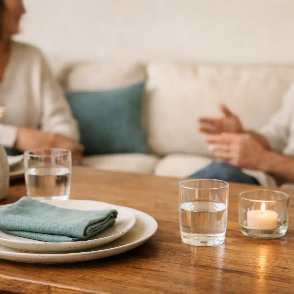 Ceramic tableware and linen on a warmly lit restaurant table with lounge seating beyond