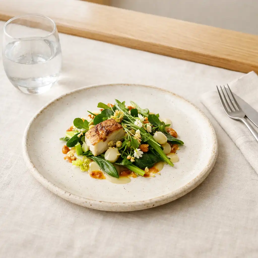 A carefully presented modern dish on ceramic beside linen and a water glass