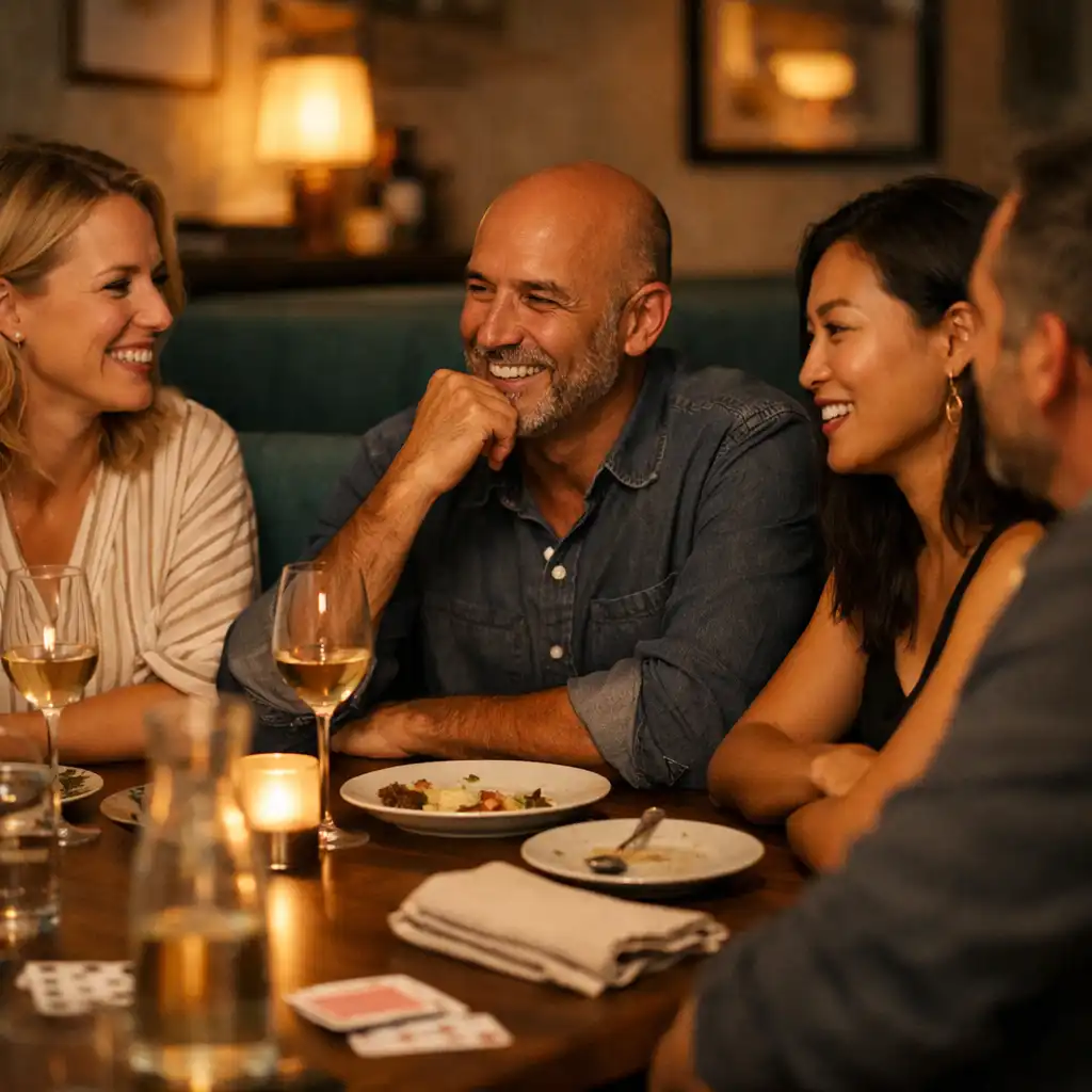 A small group talking around a restaurant table with ceramic plates and warm evening light