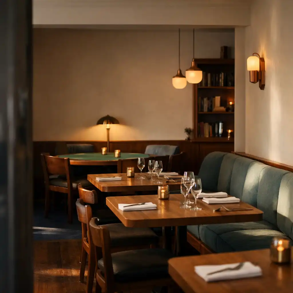 Natural light across timber tables and muted teal lounge seating inside Ashen Decor