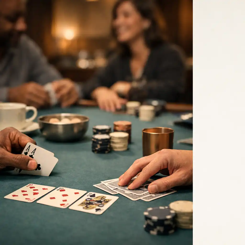 Adult hands arranging playing cards together on a muted teal felt table