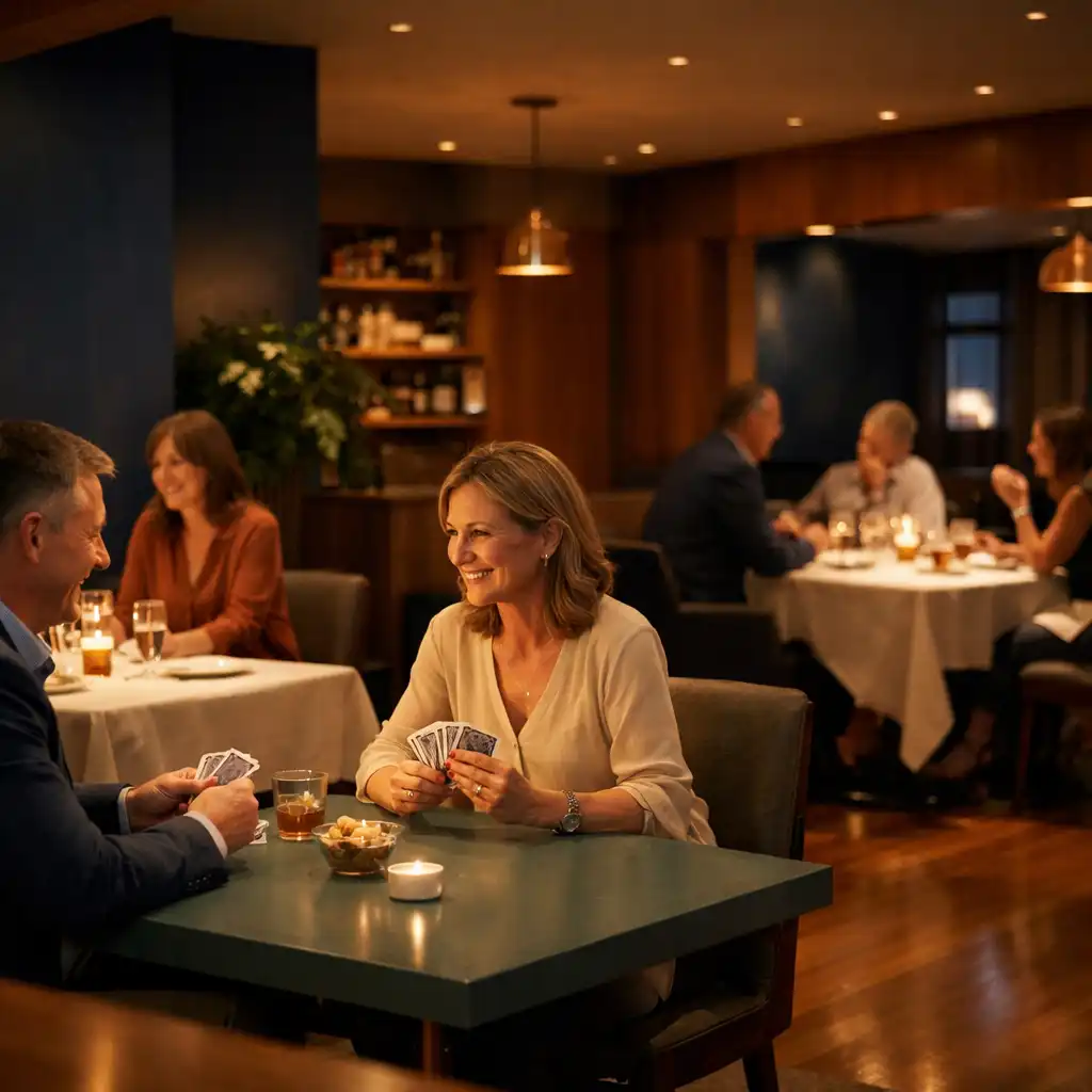 Warmly lit interior of Ashen Decor with guests dining, talking and enjoying face-to-face card play.