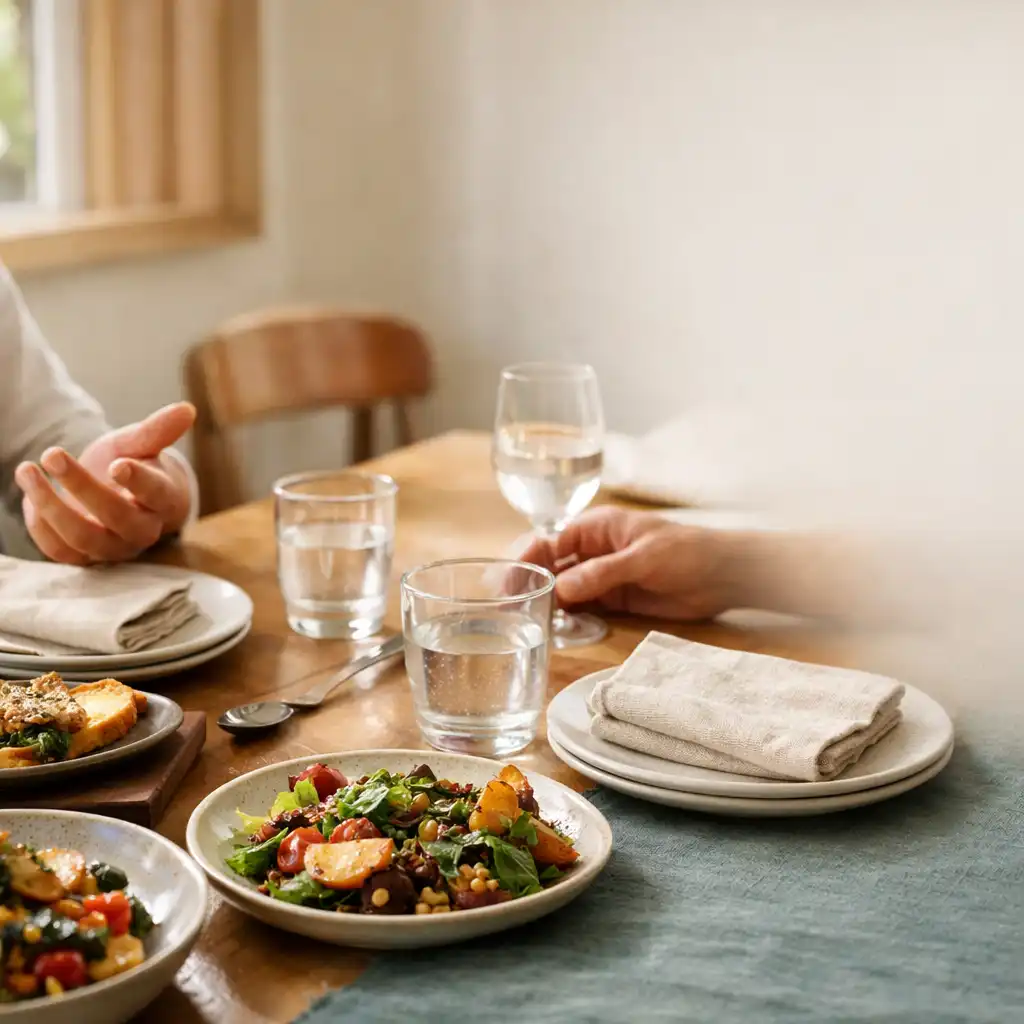 Shared dining table with ceramic plates, linen and hands in conversation