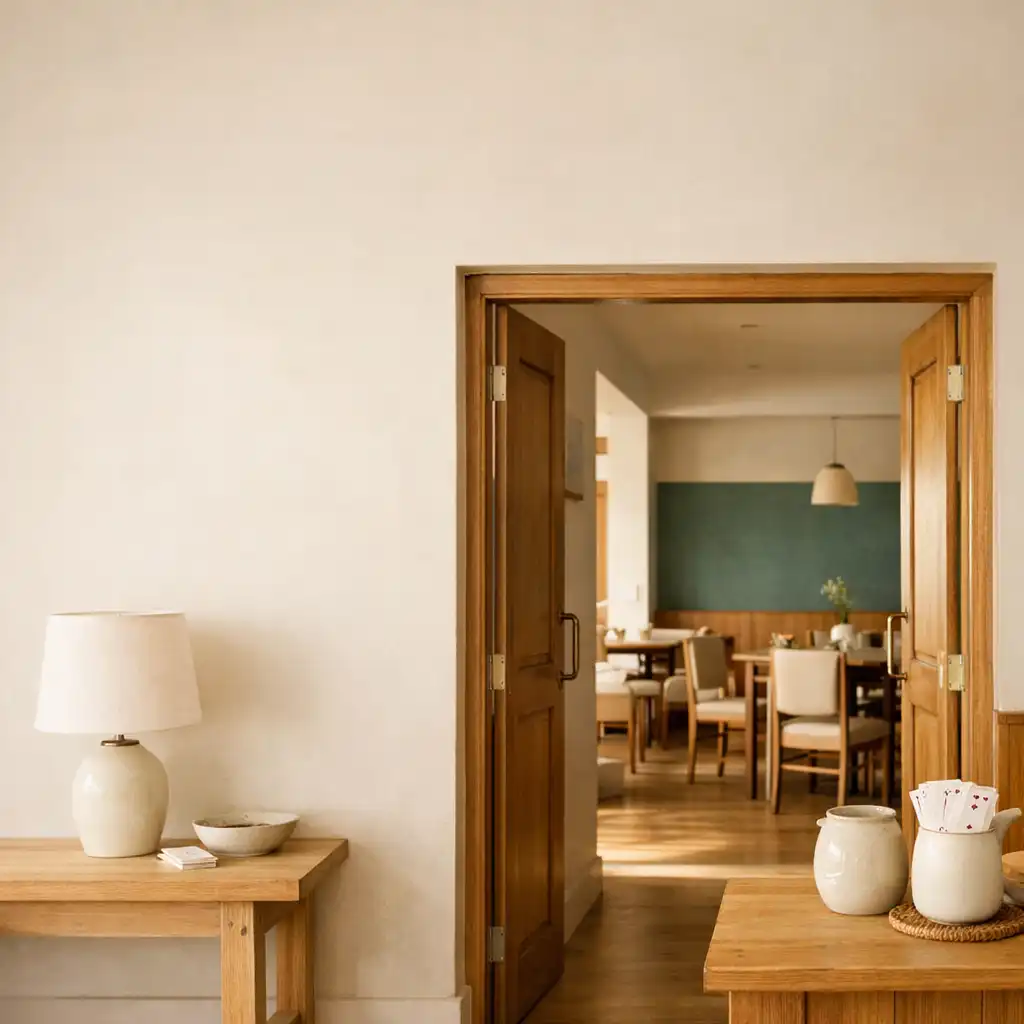 Timber doorway and softly lit dining-room threshold at Ashen Decor