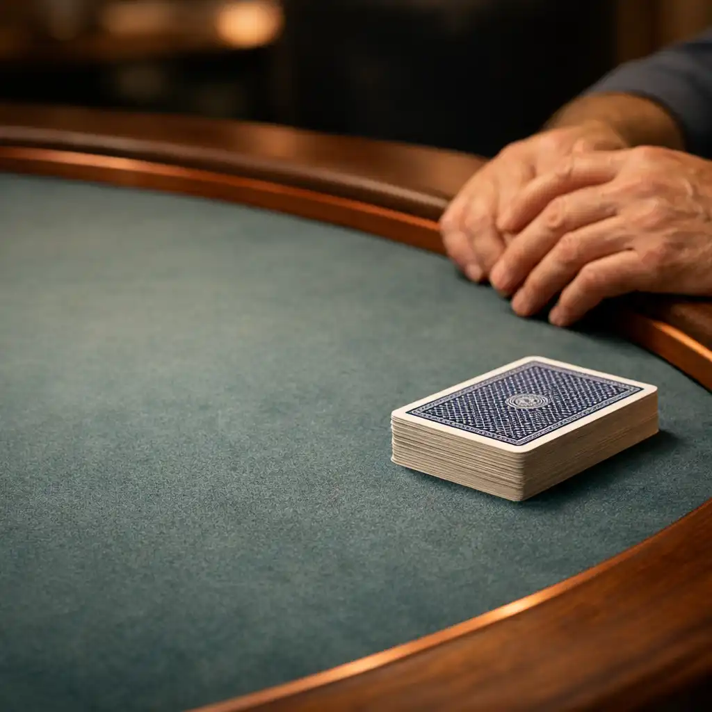Tactile muted-teal felt and timber edge of a carefully designed poker table.