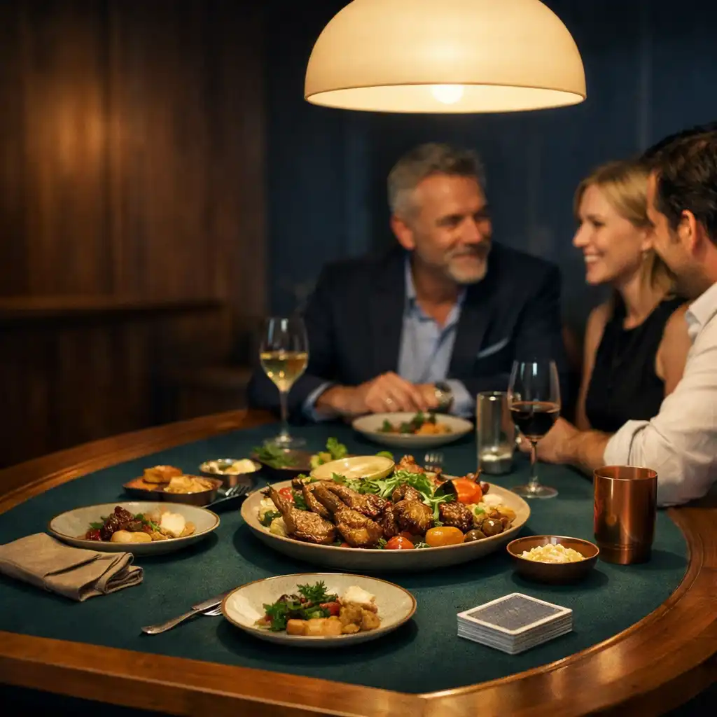 Guests sharing food and face-to-face conversation around a refined card lounge table at Ashen Decor.