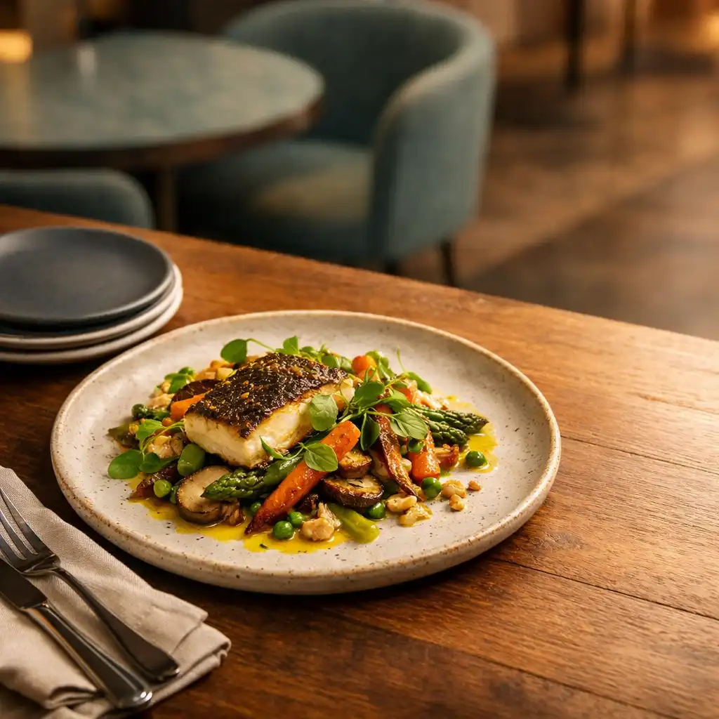 A carefully prepared plate and shared table setting in Ashen Decor's restaurant.