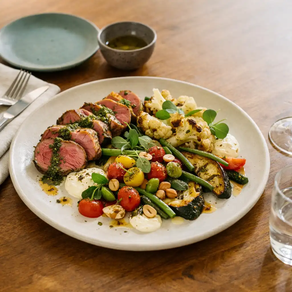 A modern shared dining plate on pale ceramic with linen and warm timber restaurant details