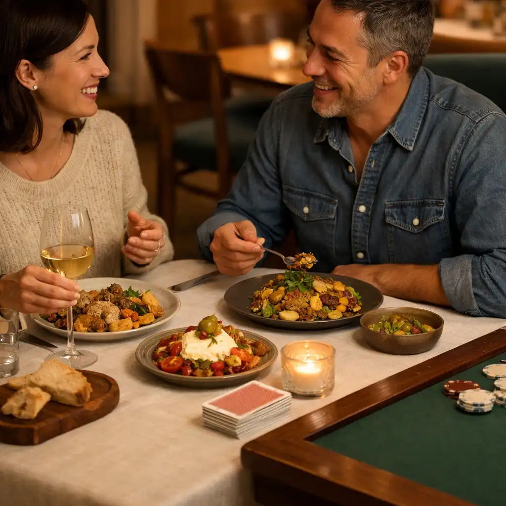 Friends sharing a meal and conversation with a neatly set deck of cards nearby