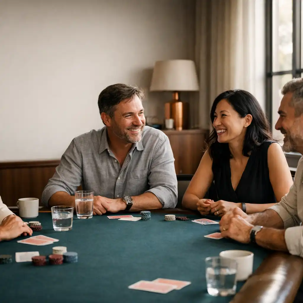 Guests talking around a felt card table in Ashen Decor's naturally lit lounge