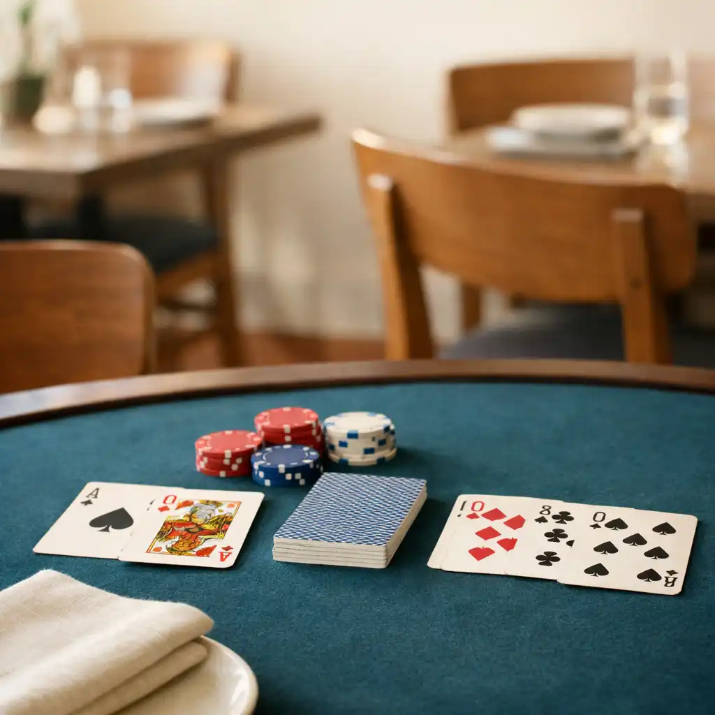 Playing cards, linen and tabletop game equipment on a carefully arranged card table