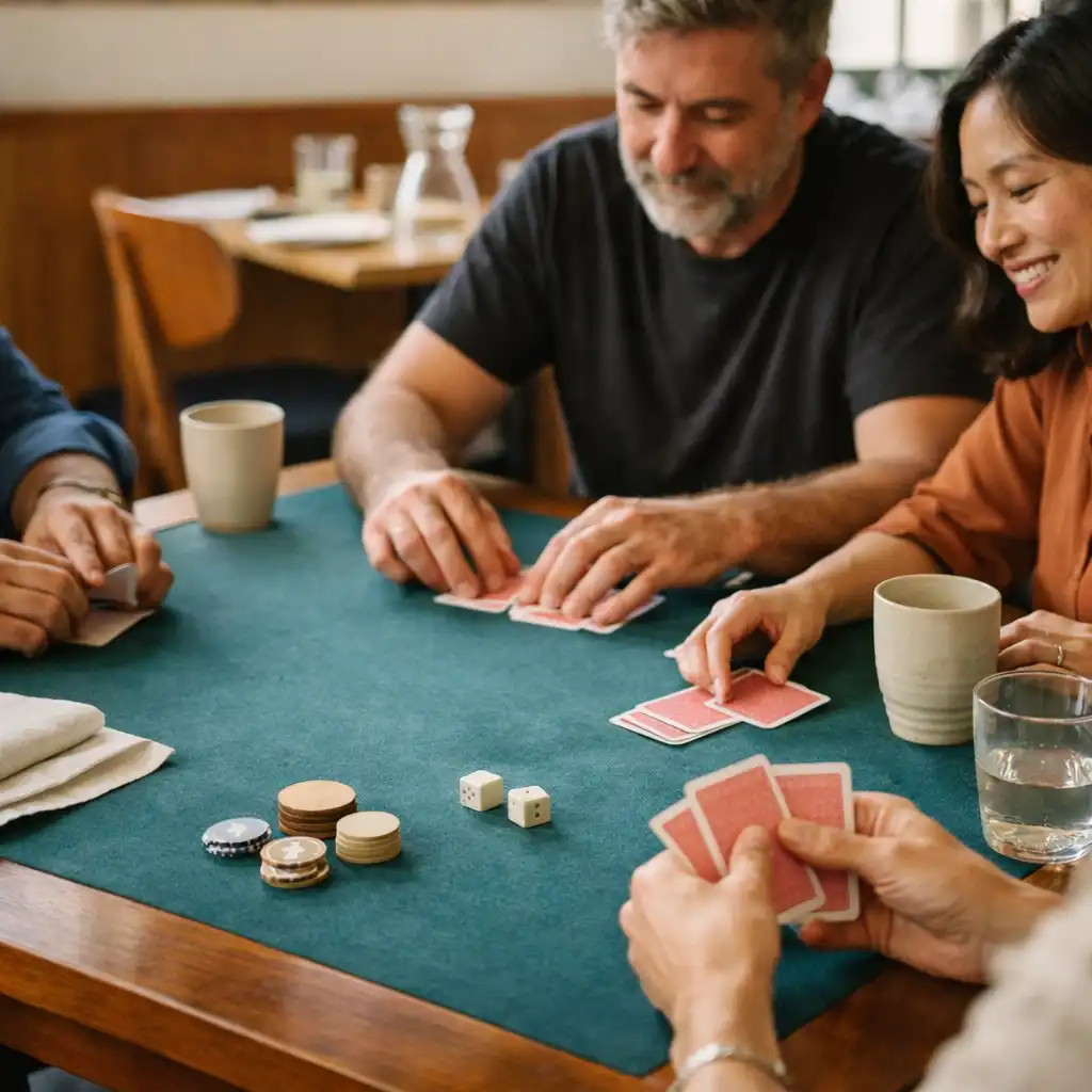 Friends sharing a relaxed card game around a timber and muted-teal felt table in a bright restaurant lounge