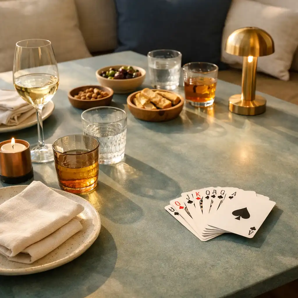 An intimate table set with ceramic dishes, folded linen and unbranded playing cards