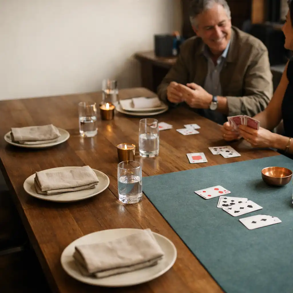 Guests gathered around a timber dining table with linen, ceramics and a muted teal tabletop area