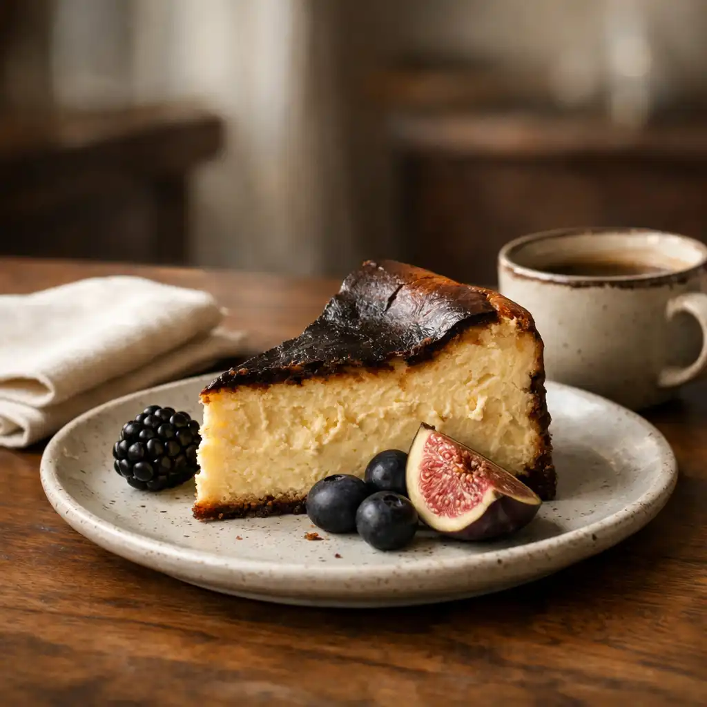 Burnt cheesecake with seasonal fruit beside a ceramic coffee cup on a timber table.