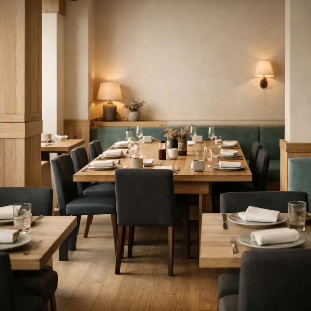Warmly lit dining room with timber tables, linen napkins and ceramic place settings.