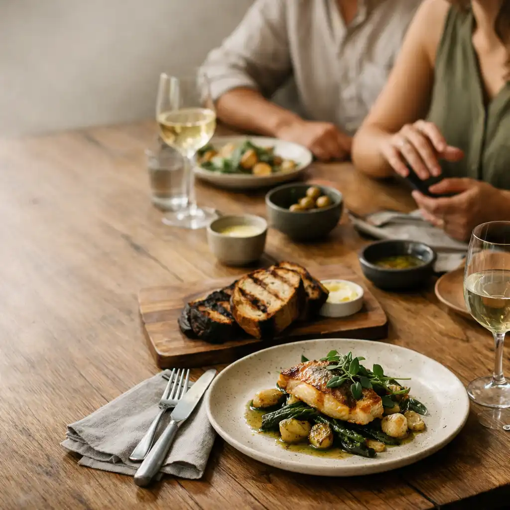 Modern shared dishes and ceramics set on a timber table as guests talk nearby.