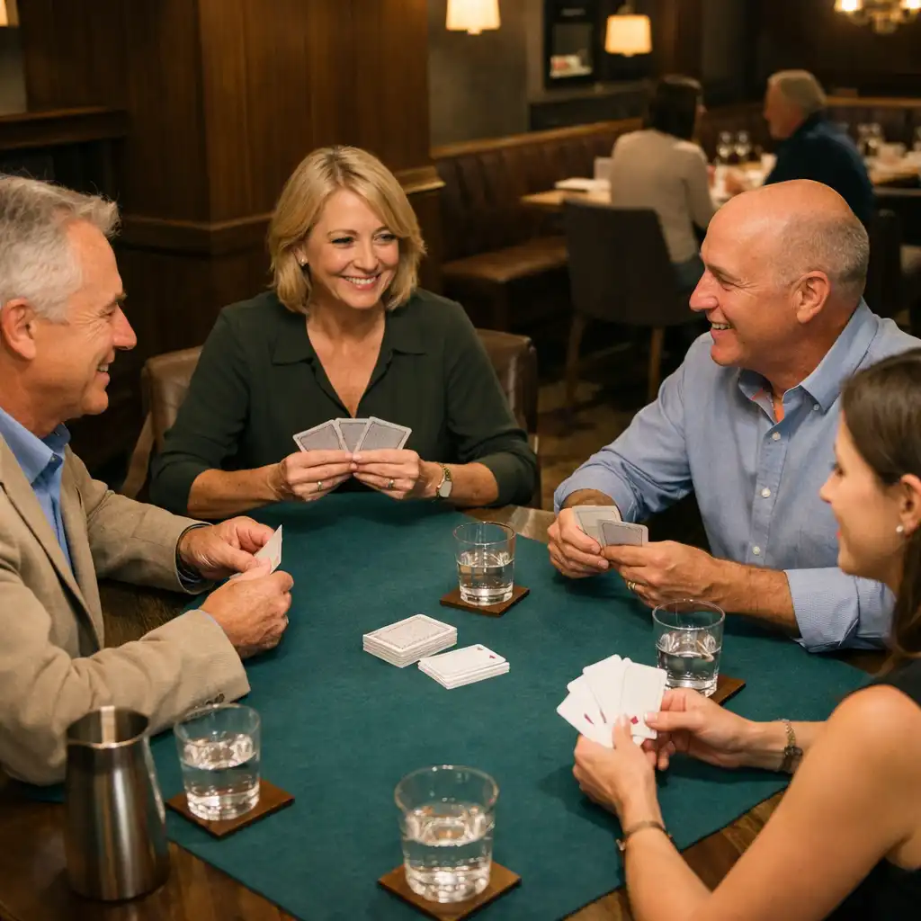 Friends talking around a muted-teal tabletop during an in-person card-lounge session.