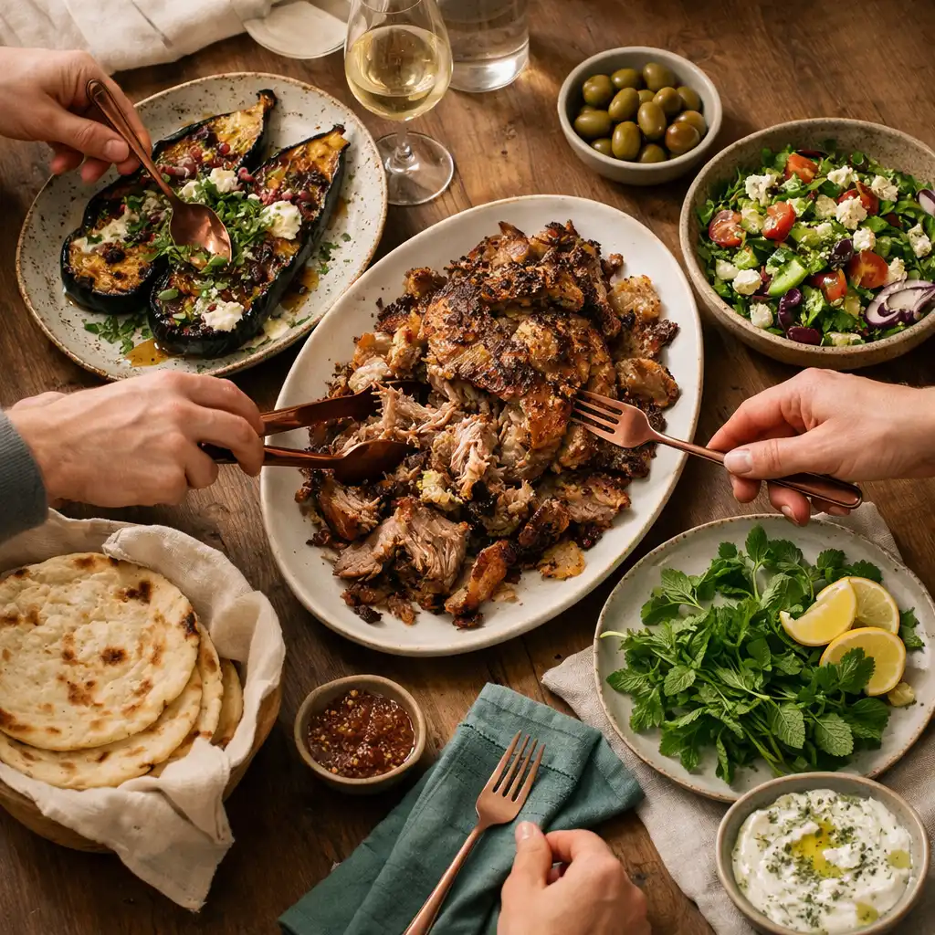 Shared lamb, eggplant, flatbread and herbs arranged across a timber dinner table.
